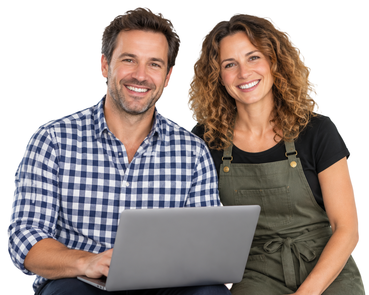 Two small-business owners reviewing a client portfolio on a laptop